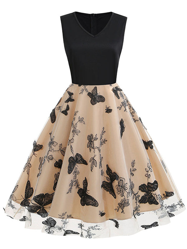 Black V Neck Butterfly 1950S Vintage Swing Dress