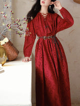 Red Embroidered Hollow Long Sleeve Tassel Holiday Bohemian Dress