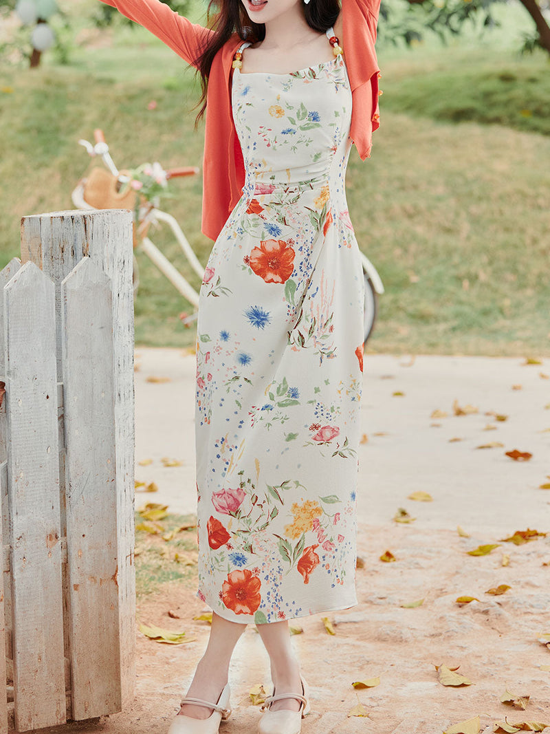 2PS White Floral Print Spaghetti Strap Dress With Orange Shawl Dress Suit