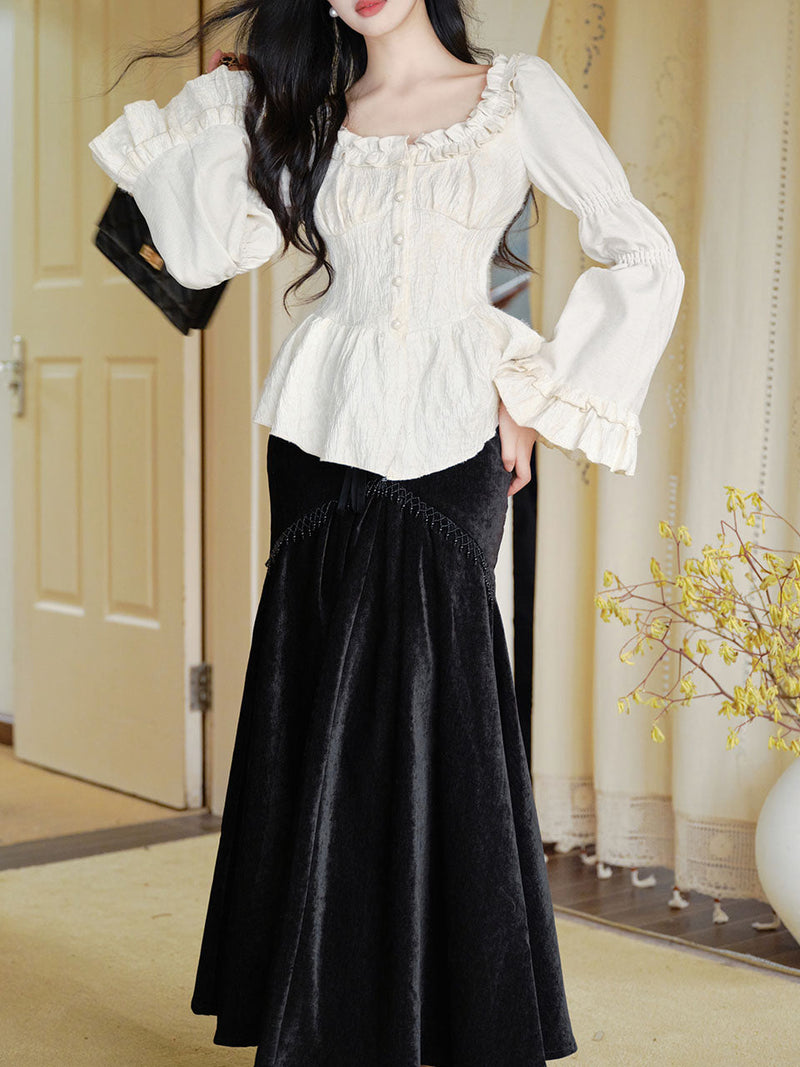 3PS Girls Waltz Chenille Lace White Shirt and Black Cape and Fishtail Skirt Prom Dress