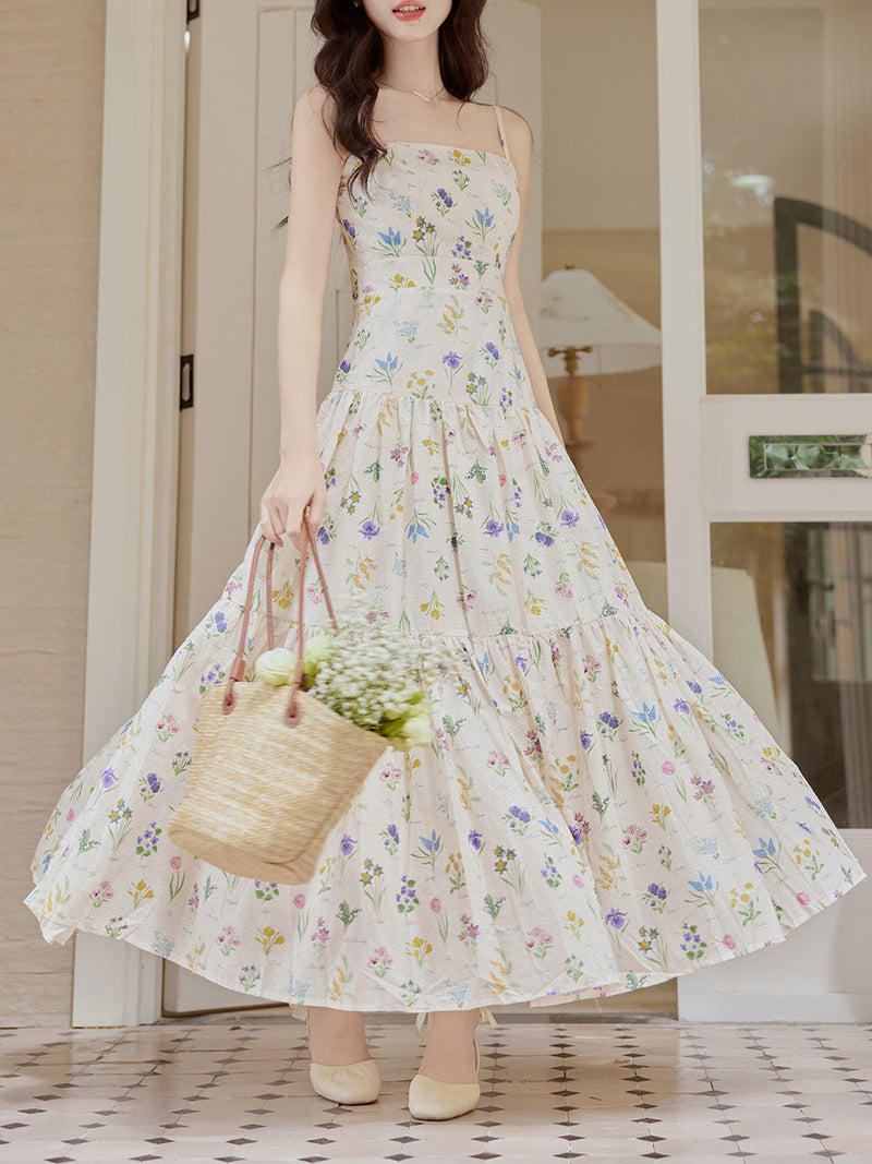 2PS White Floral Print Spaghetti Strap Dress With Blue Shawl Dress Suit