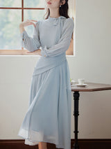 Baby Blue Bow Collar Chiffon Pleat Edwardian Revival Vintage Party Dress