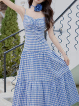 3PS Blue Plaid Spaghetti Strap Dress With Blue Shawl Dress Suit