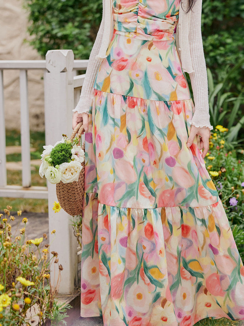 Rainbow Tulips Spaghetti Strap Vintage Swing Holiday Maxi Dress