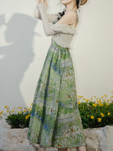 2PS Green Floral Print Suspender Print Vintage Dress and Cardigan Suit