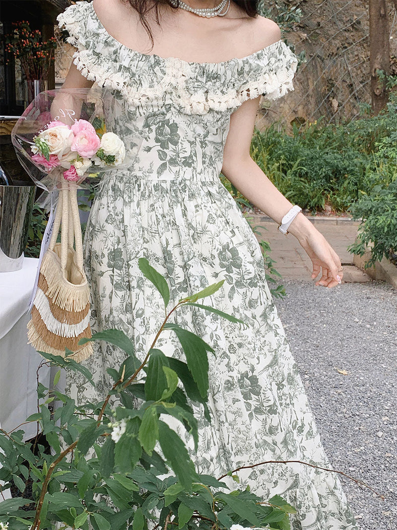 Green Floral Print Off Shoulder 1950S Vintage Dress