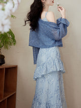 2PS Blue Floral Print Spaghetti Strap Dress With Blue Shawl Dress Suit