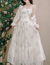 2PS White Floral Print Ruffles Spaghetti Strap Princess Dress With White Shawl Dress Suit