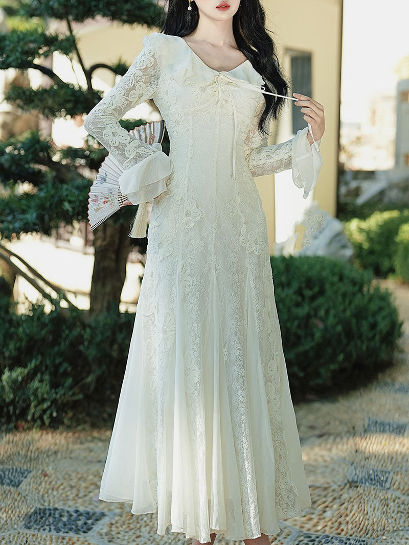 White Lace Long Sleeve Vintage Wedding Dress