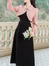 2PS Pink Long-sleeved Short Coat And bBlack Suspender Dress Set