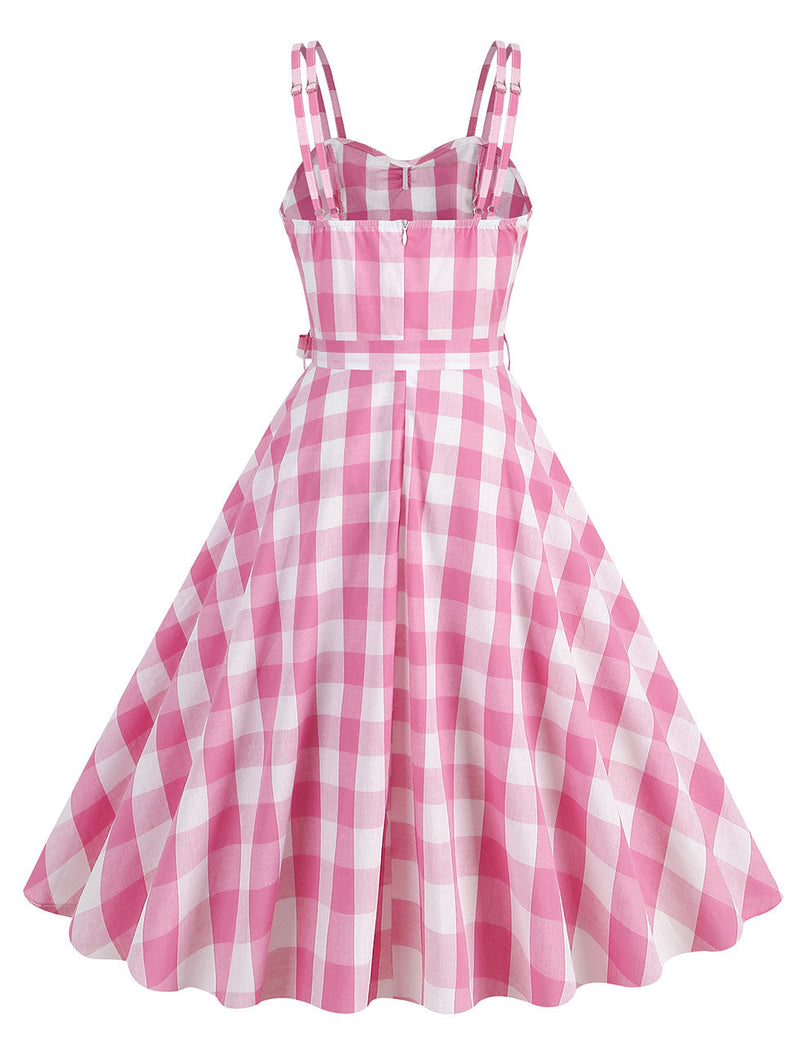 Pink And White Plaid Spaghetti Straps Barbie Retro Swing Dress