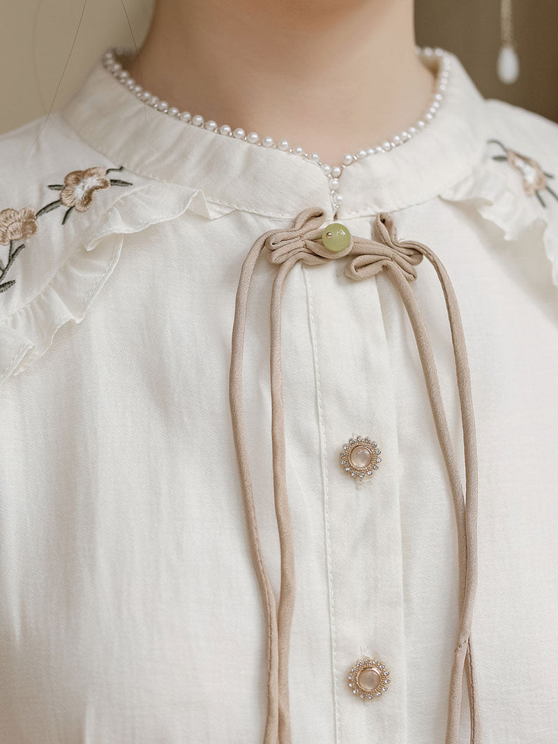 Apricot Embroidered Short Sleeve Vintage Dress with Belt