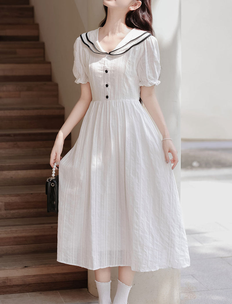 White Sailor Style 1950S Vintage Cotton Dress