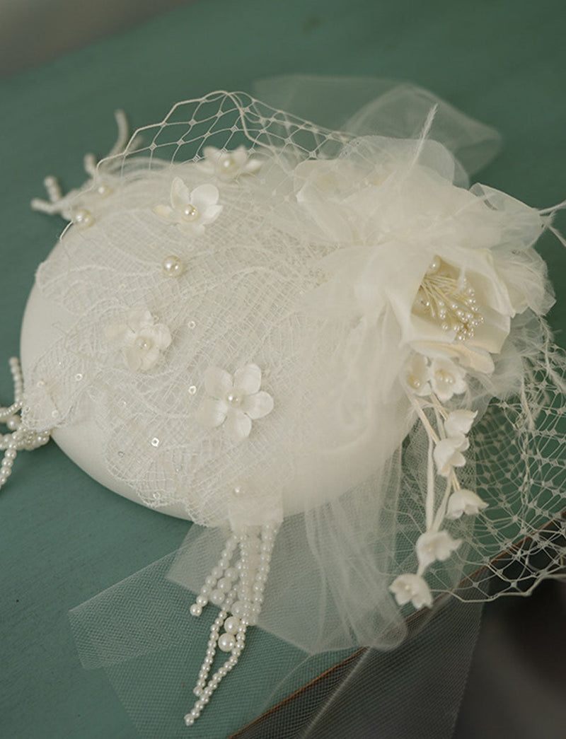 White Handmade Flowers Satin Birdcage Veil Wedding Vintage Hat with Pearls