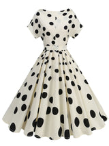 1950s White Polka Dots Short Sleeve Vintage Swing Dress