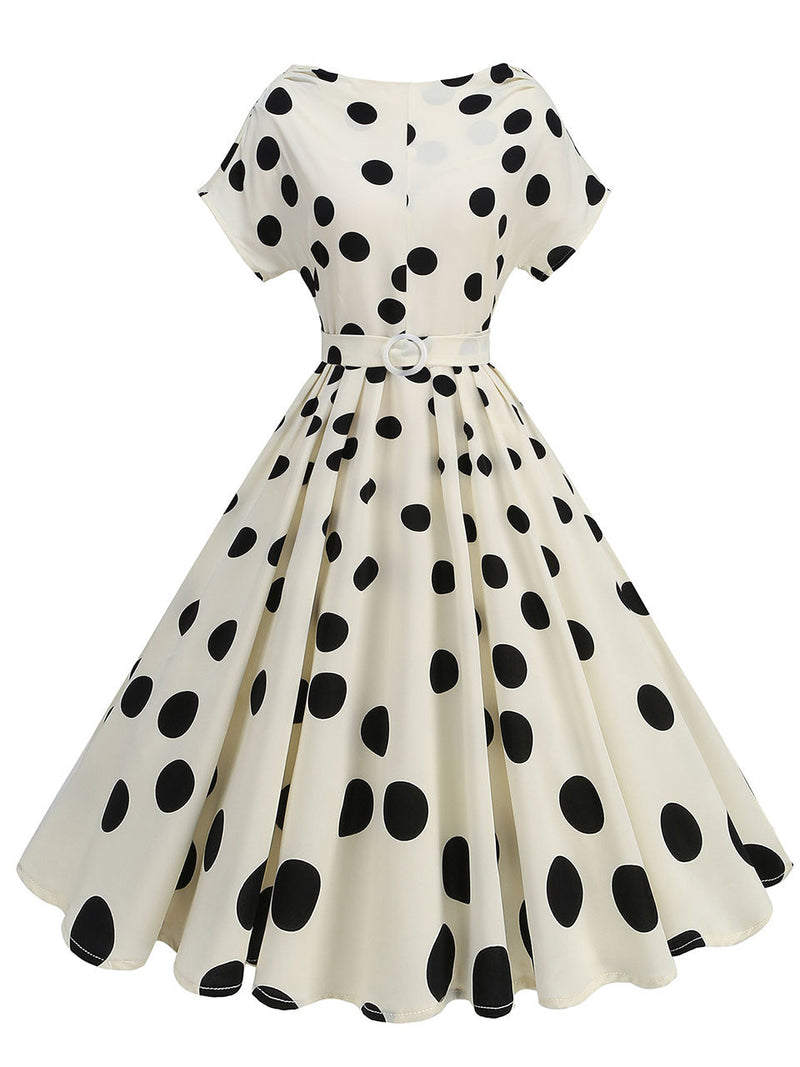 1950s White Polka Dots Short Sleeve Vintage Swing Dress