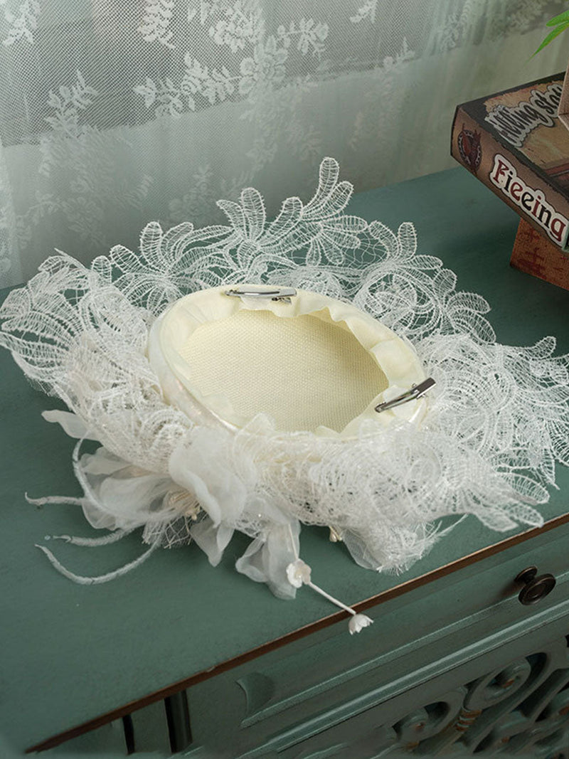 Hand Woven Mesh Decorative White Lace Flower Wedding Hat