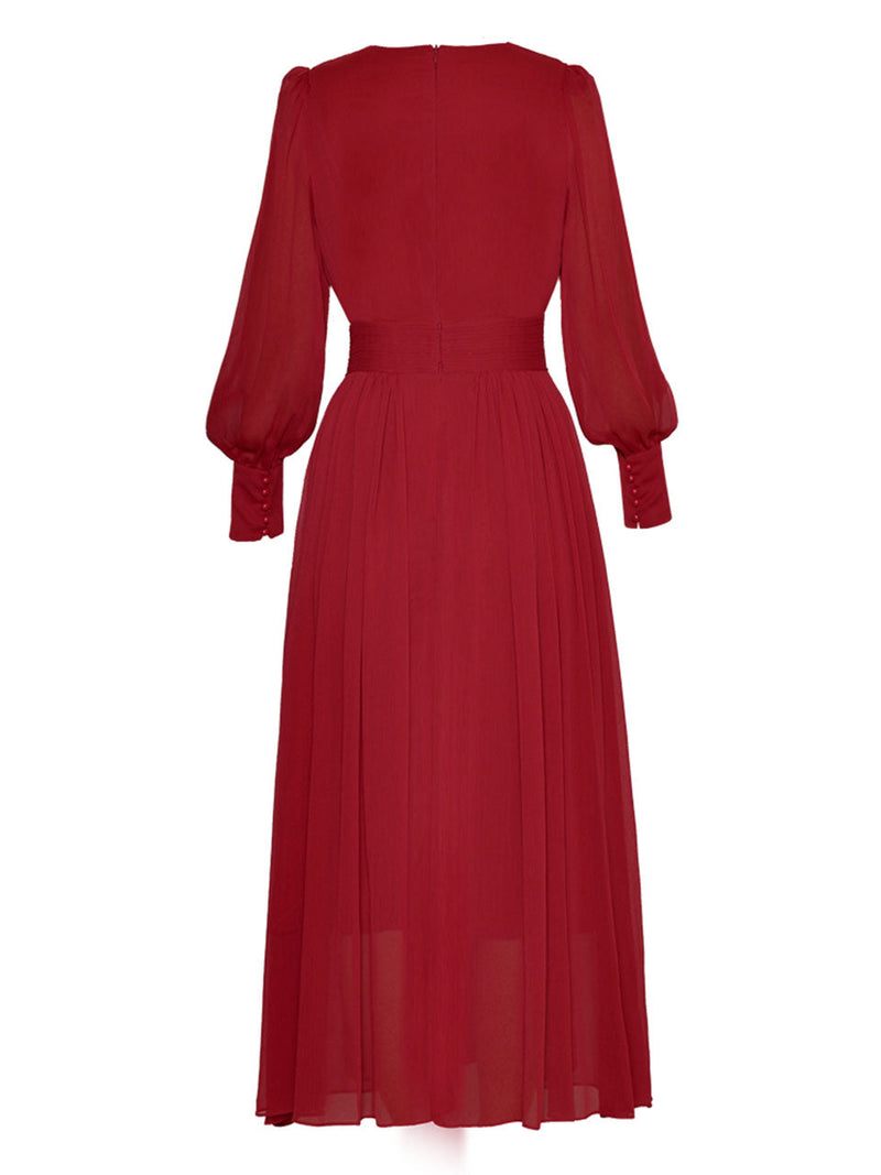 Red Lantern Flowers Long Sleeve Romantic Chiffon Dress