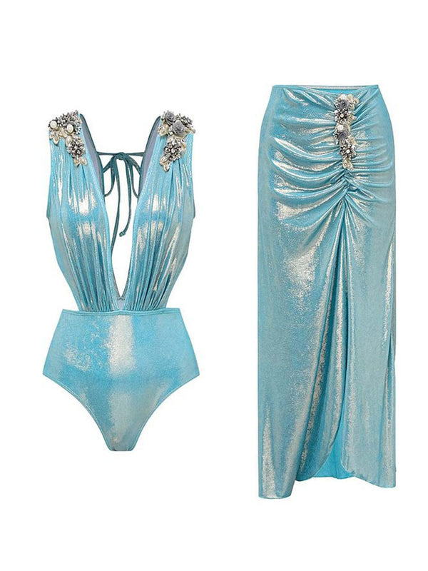 Blue Luminous Fabric One-piece Swimsuit With Bathing Suit Warp Skirt