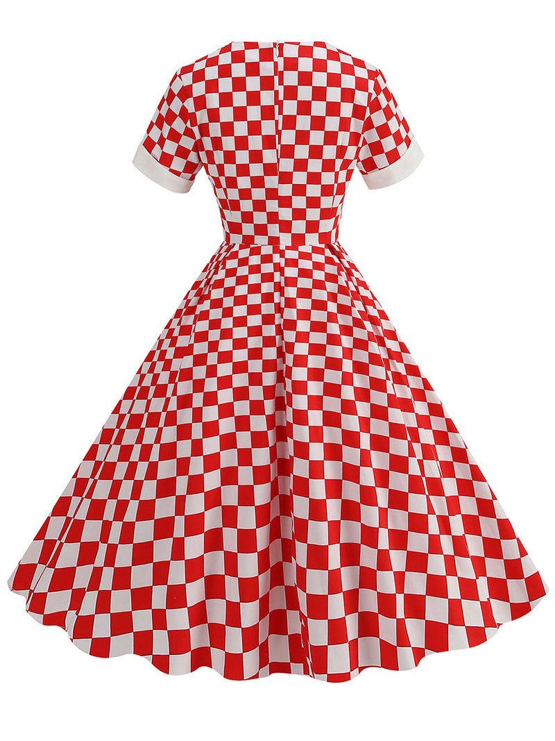 Red Checkerboard Sweet Heart Audrey Hepburn Style Cocktail Swing Dress