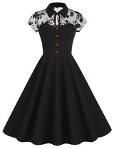 Black Peter Pan Semi Mesh Flower Short Sleeve 50S Swing Dress