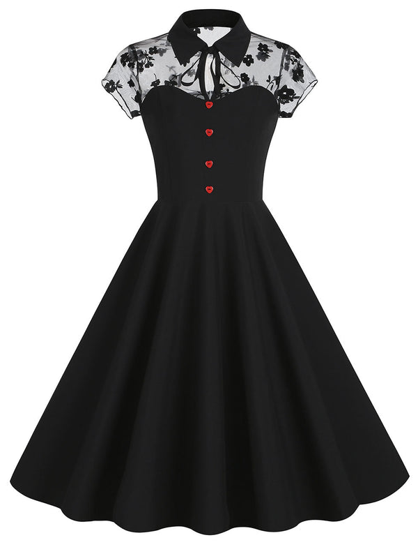 Black Peter Pan Semi Mesh Flower Short Sleeve 50S Swing Dress