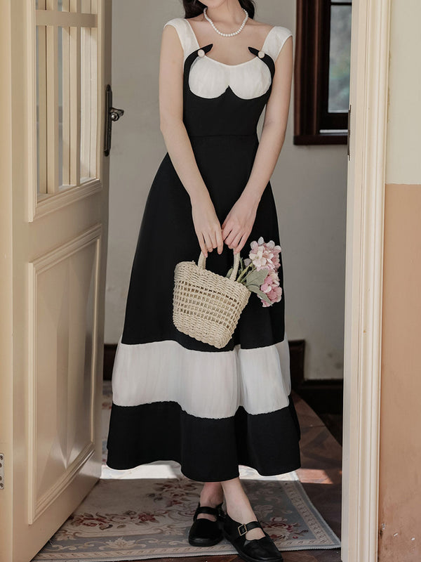 Black and White Pleated Vintage Elegant Swing Dress