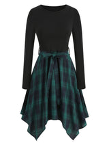 Christmas Green Crew Neck Long Sleeve Plaid 1950S Vintage Swing Dress