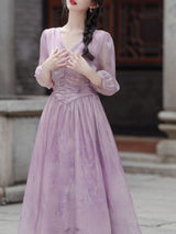 2PS Purple V-neck Organza Flowing Swing Dress with Purple Vest Suits