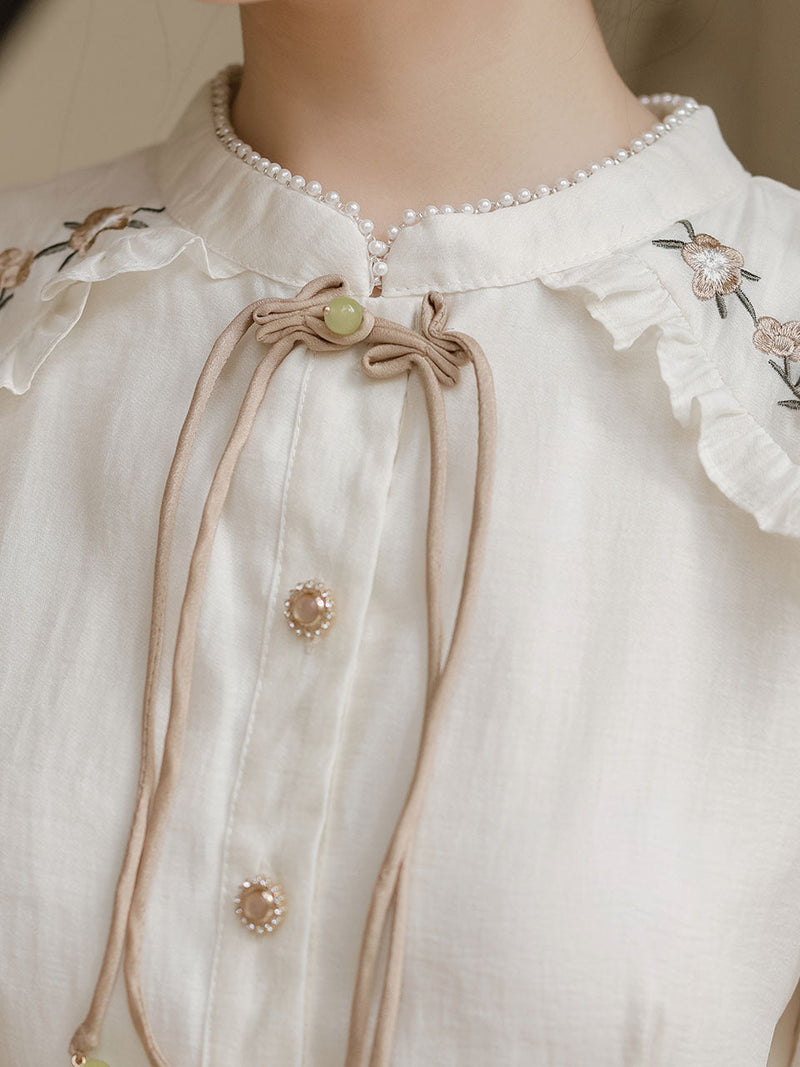 Apricot Embroidered Short Sleeve Vintage Dress with Belt