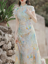 Light Green Burnout Print Cap Sleeve Cheongsam Dress