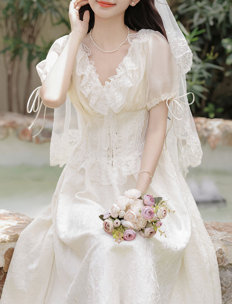 Sweet Victorian Ruffles Corset Short Sleeve Wedding Maxi Dress