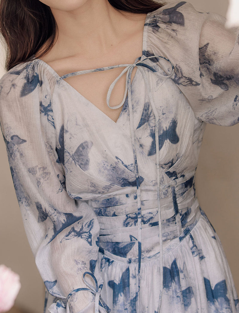 Blue Butterfly Print Long Sleeve Vintage Maxi Dress