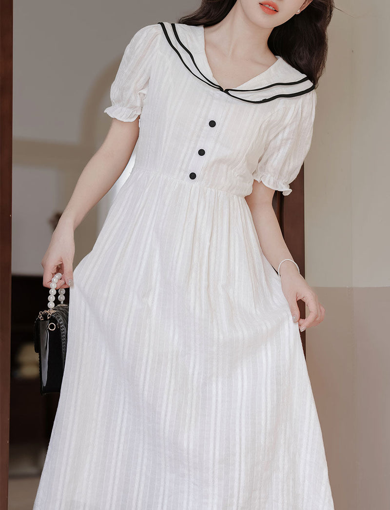 White Sailor Style 1950S Vintage Cotton Dress