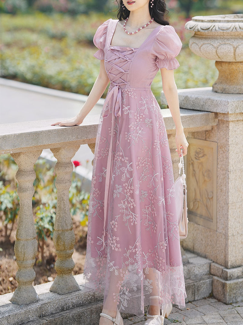 Pink Embroidered Square Neck Puff Sleeve Vintage Lace Up Dress