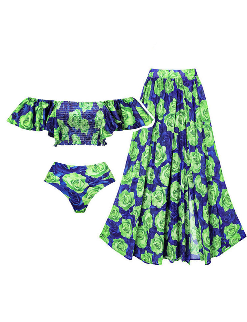 Green Leaf Print Off Shoulder One Piece With Bathing Swing Suit