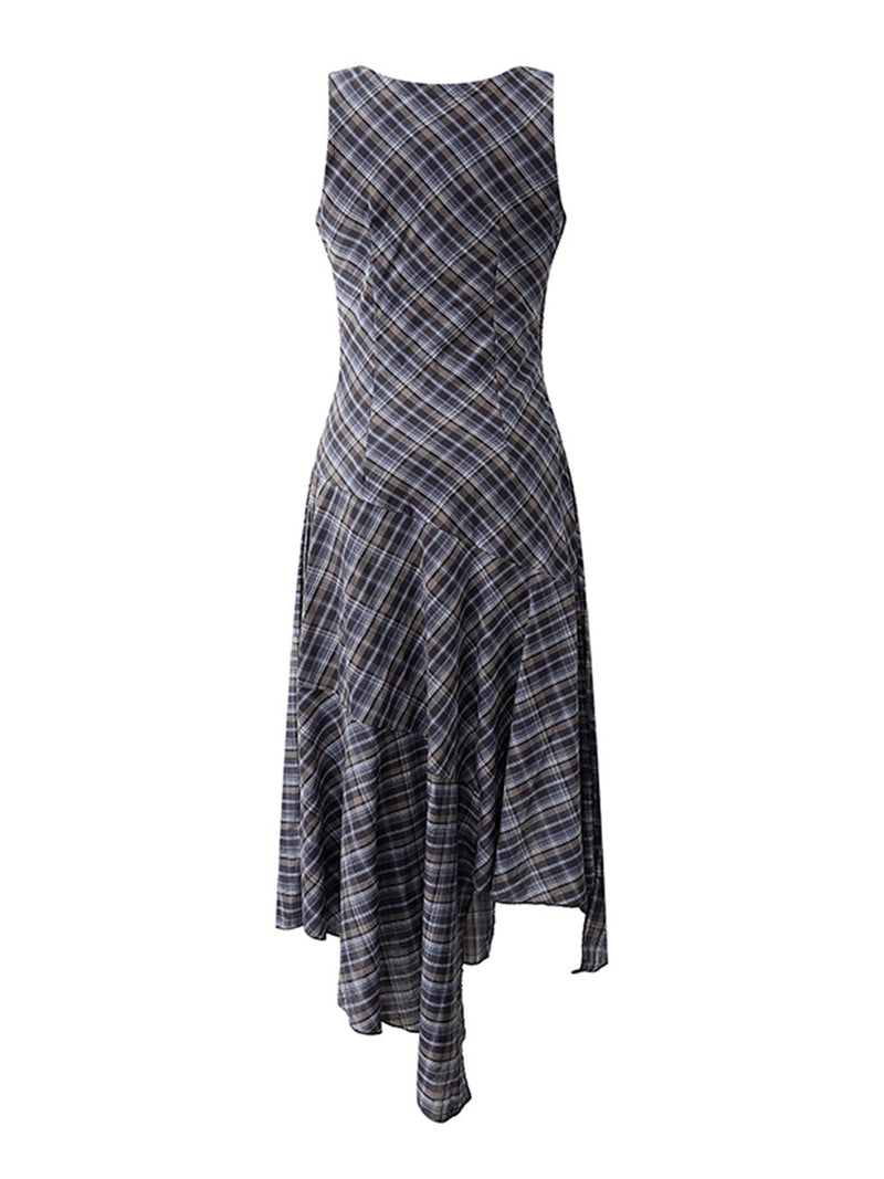 Navy Retro Plaid Crew Neck Sleeveless Irregular Hem Vintage Dress