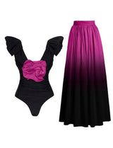 Purple Rose  Ruffles One Piece With Bathing Suit Swing Skirt