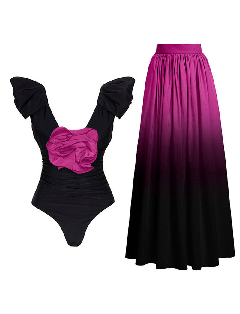 Purple Rose  Ruffles One Piece With Bathing Suit Swing Skirt