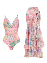 Pink Lace Flowers One-piece Swimsuit With Bathing Suit Warp Skirt