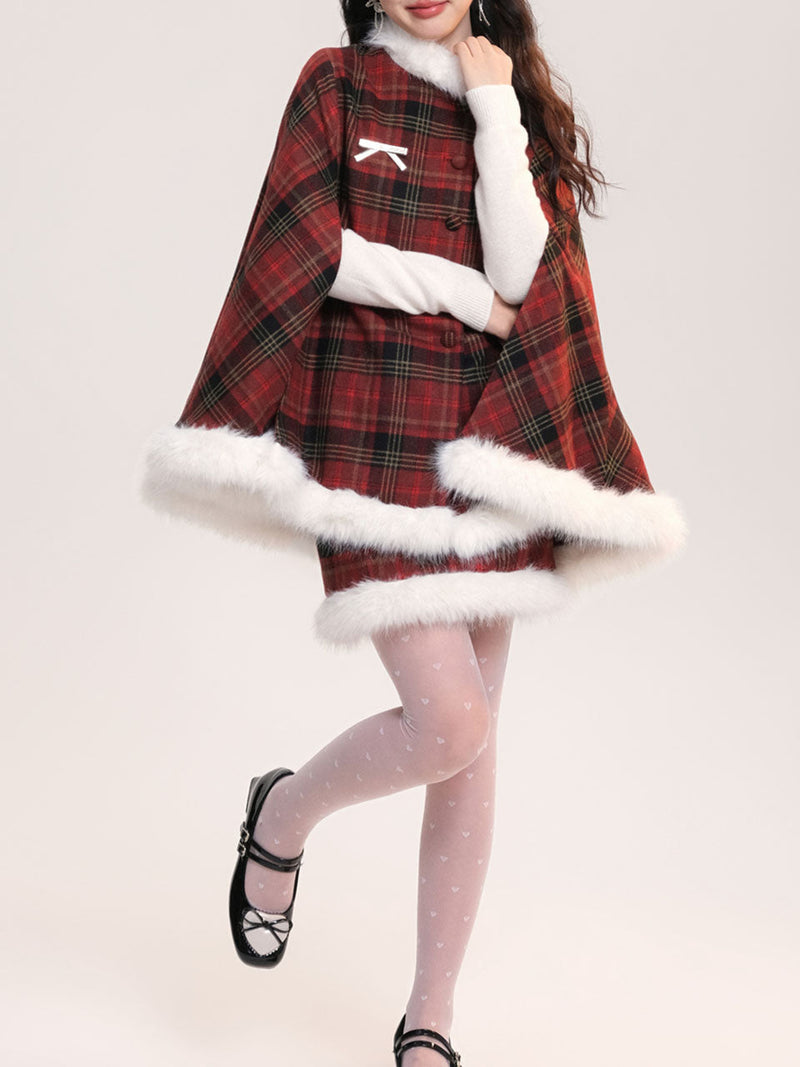 2PS Red and White Plaid Fake Fur Wool Cape Coat With Mini Skirt