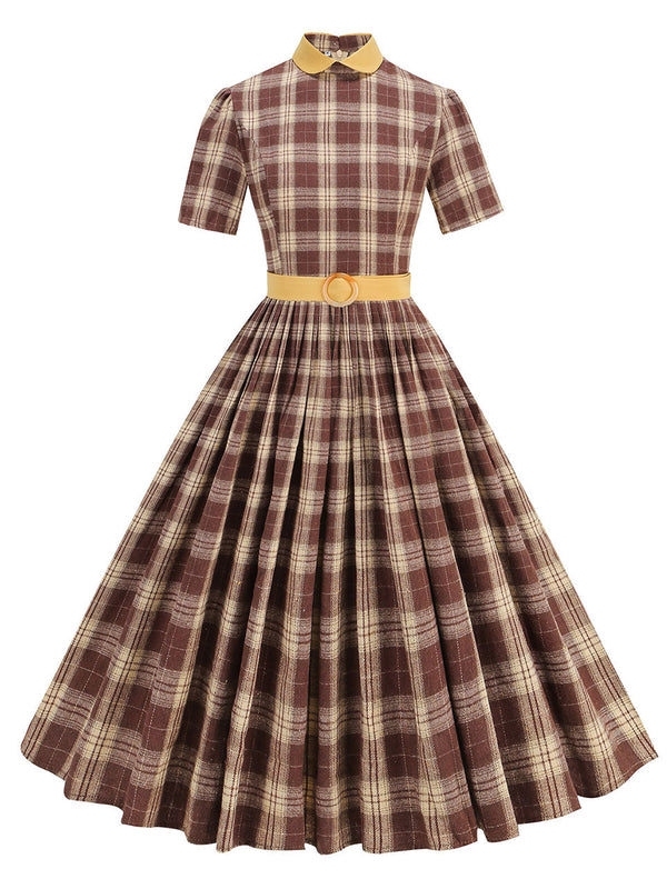 1950s Peter Pan Collar Plaid Vintage Swing Dress