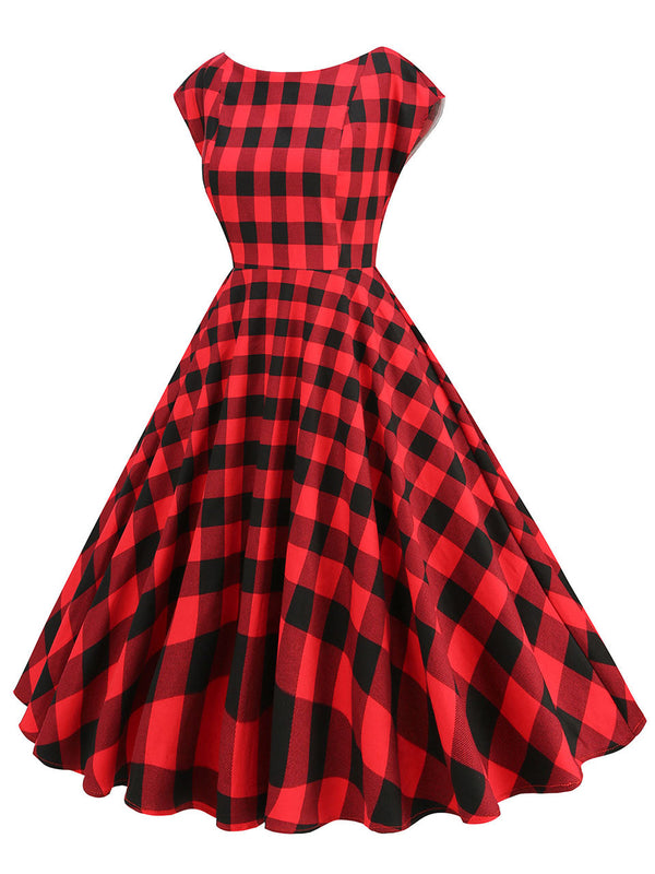 1950s Crew Neck Plaid Cap Sleeve Vintage Swing Dress