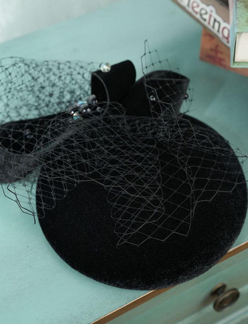 Black Handmade Bow Birdcage Veil Vintage Wool Beret