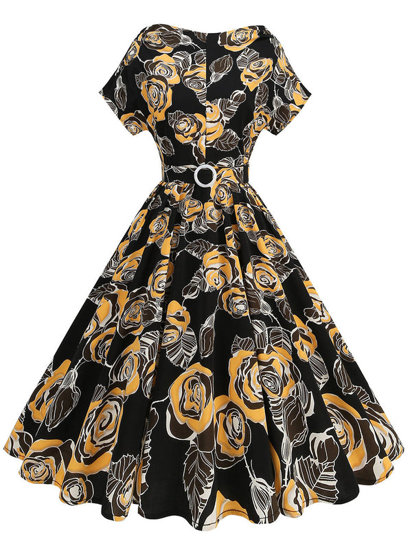 1950s Brown Rose Print Short Sleeve Vintage Swing Dress