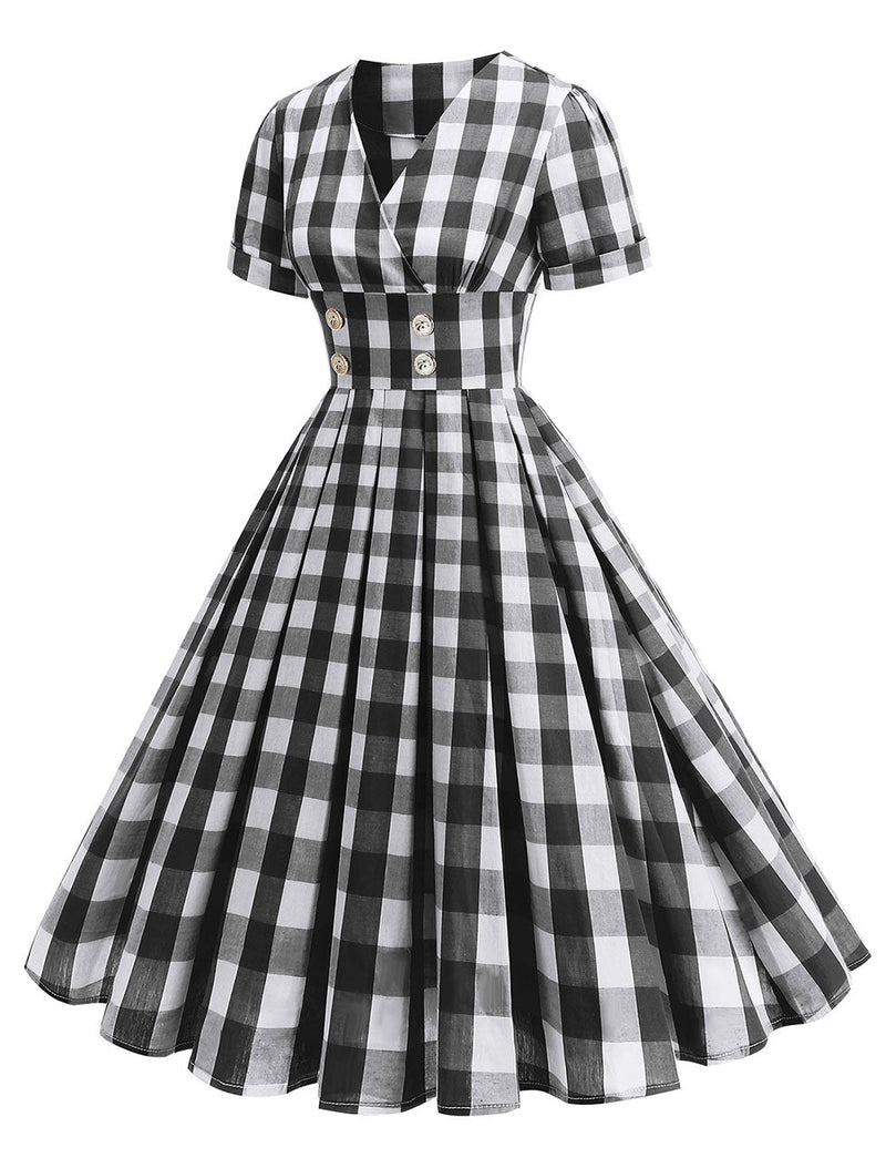 Black V Neck Plaid Audrey Hepburn Style Cocktail Swing Dress