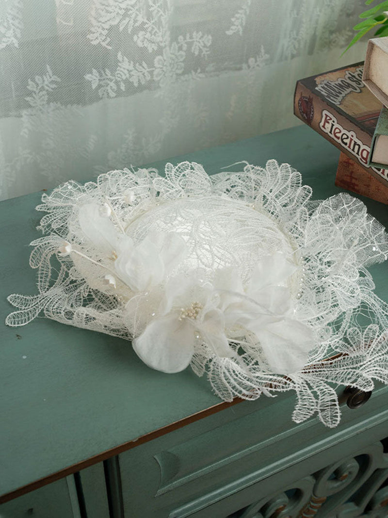 Hand Woven Mesh Decorative White Lace Flower Wedding Hat