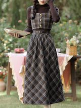 3PS Brown Knit Top and Plaid Vest Skirt Suit 1950S Vintage Audrey Hepburn's Style Outfits