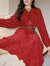 Red Embroidered Hollow Long Sleeve Tassel Holiday Bohemian Dress