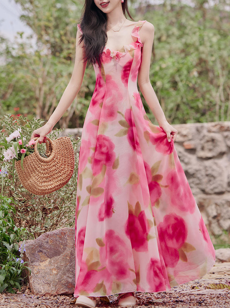 Sweet Rose Ruffles Strap Vintage Swing Maxi Dress